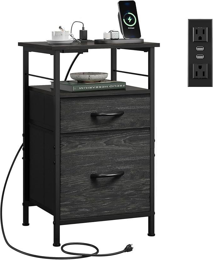 WLIVE Nightstand with Charging Station, Side Table with 2 Fabric Drawers, End Tables for Bedroom, Small Dresser, USB Ports and Outlets, Charcoal Black