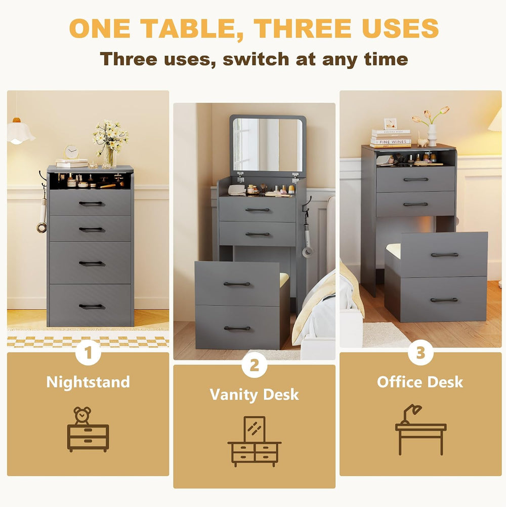 3 in 1 Make Vanity Desk with Flip Top Mirror(Grey) | Glass Top Makeup Vanity ...
