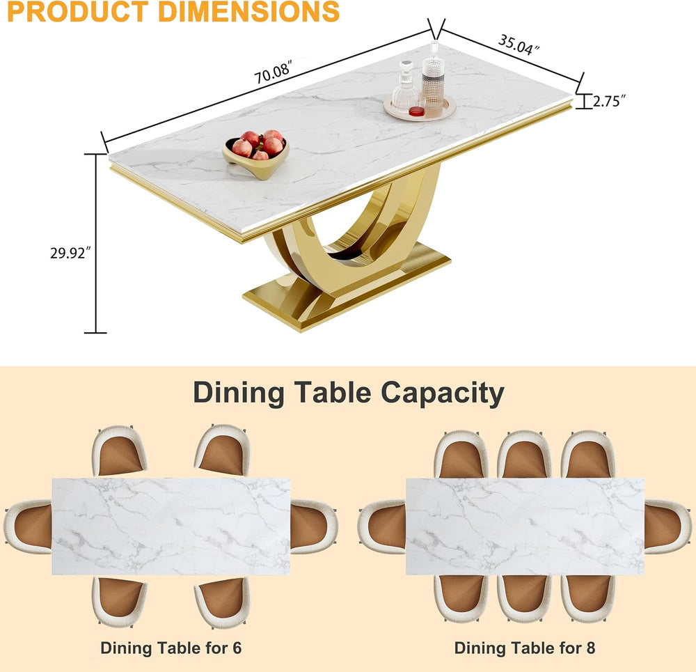 70" White Marble Dining Table, Luxury Kitchen Table for 6 8, Large Recta...