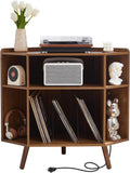 Corner Record Player Stand with Charging Station & USB Ports, 3 Tier Mid Century Modern Vinyl Record Storage Cabinet, Wood Turntable Stand for Music Room, Living Room, Small Space (Walnut)
