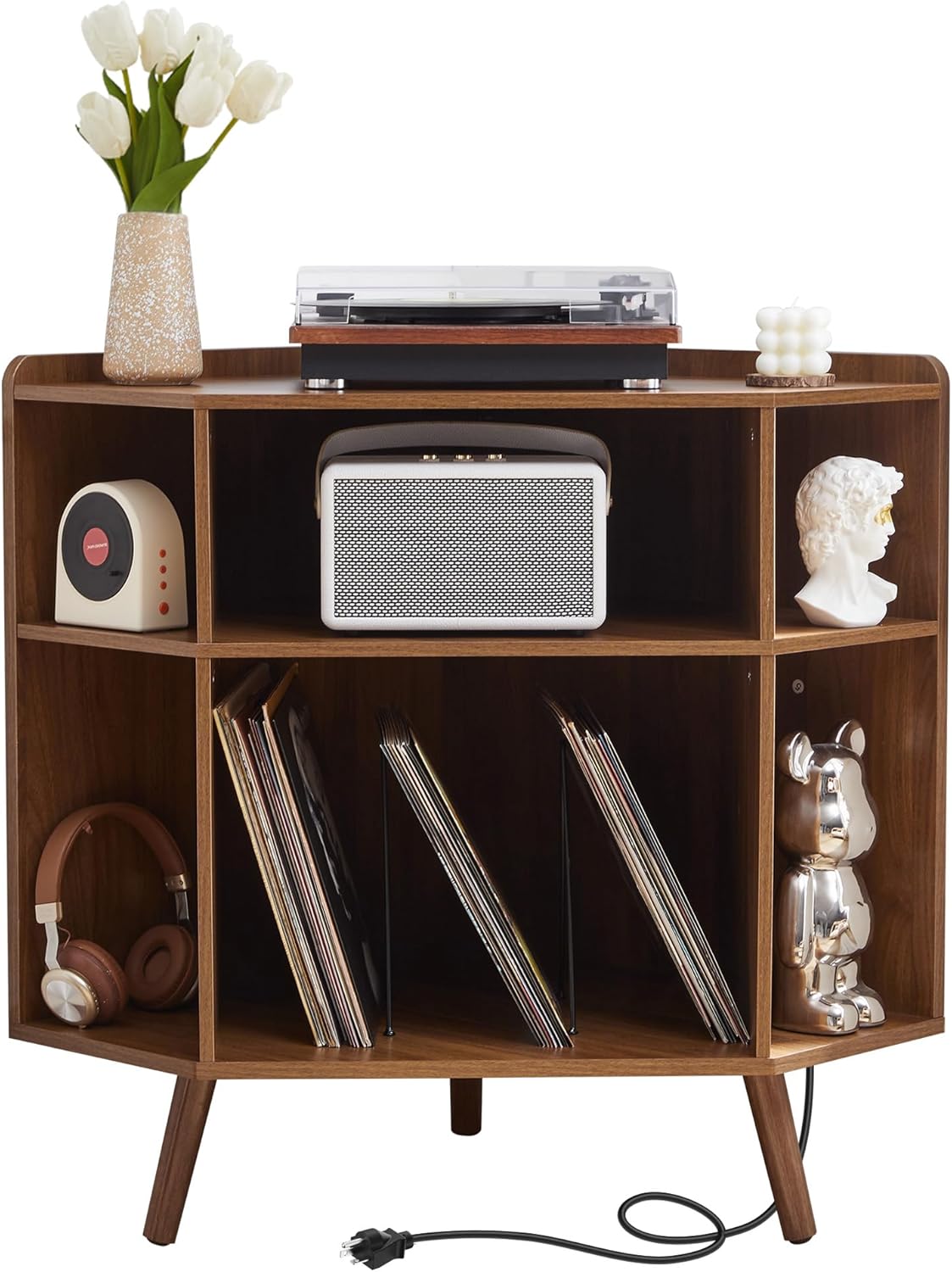 Corner Record Player Stand with Charging Station & USB Ports, 3 Tier Mid Century Modern Vinyl Record Storage Cabinet, Wood Turntable Stand for Music Room, Living Room, Small Space (Walnut)