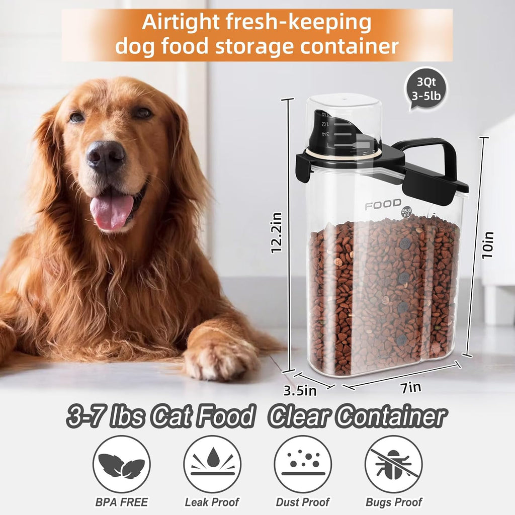 3-5LBS Airtight Pet Food Storage Containers PBA-free, With Large Nozzle/Measuring Cup/ 4 Press Buckle for Dogs, Cats, Birds, Chicken Lndoor and Outdoor Use -Black 2-pack
