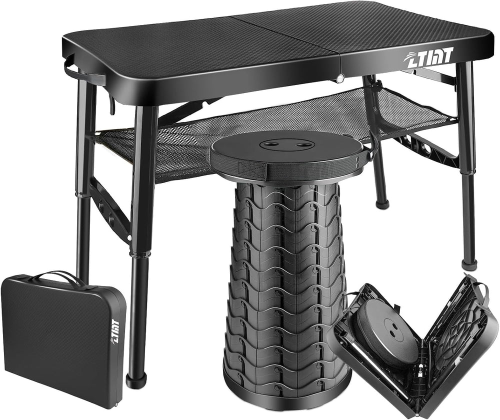 Folding Table and Stool, Small, Black, 4 Foot Outdoor Portable Table, Adjusta...