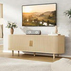 VOWNER 63" Fluted TV Stand, Modern Entertainment Center for TVs Up to 65" with Adjustable Shelves and Sliding Doors, Curved Media Console Table with Storage Cabinet for Living Room Bedroom (Oak)