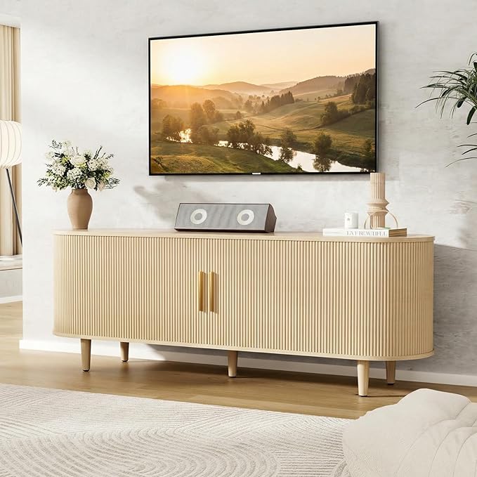 VOWNER 63" Fluted TV Stand, Modern Entertainment Center for TVs Up to 65" with Adjustable Shelves and Sliding Doors, Curved Media Console Table with Storage Cabinet for Living Room Bedroom (Oak)