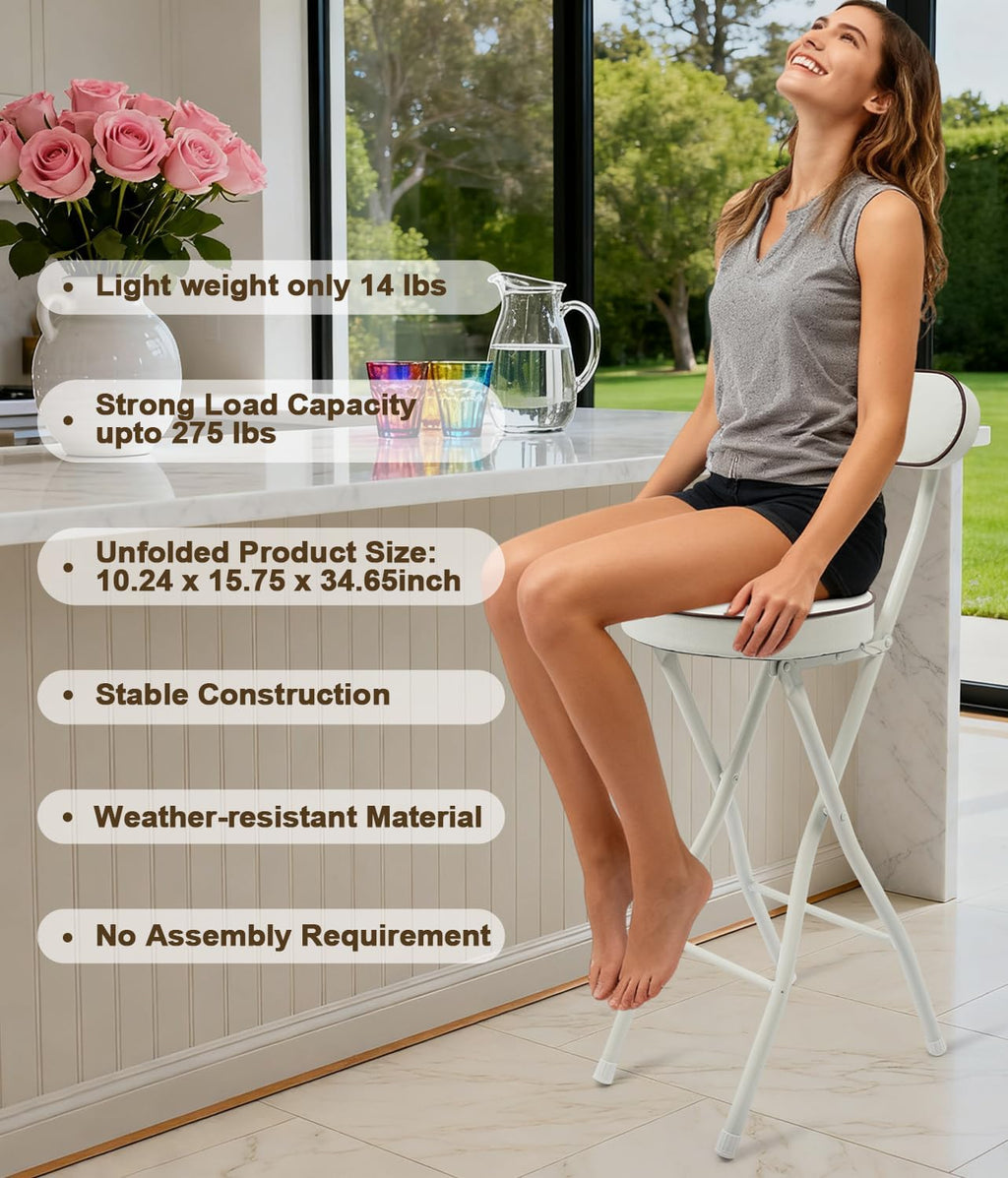 2 PCS Folding Bar Stool with Back, Set of 2-Folding Bar Stool Chair with Back, Tall Foldable Stool Seat Padded Portable Stools Counter Height Foldable Stools for Adults Kitchen Island (White)