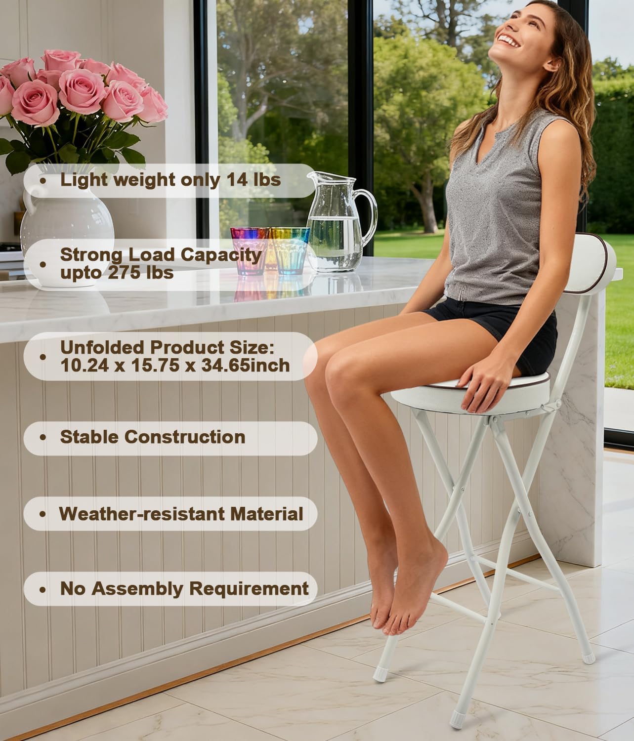 2 PCS Folding Bar Stool with Back, Set of 2-Folding Bar Stool Chair with Back, Tall Foldable Stool Seat Padded Portable Stools Counter Height Foldable Stools for Adults Kitchen Island (White)