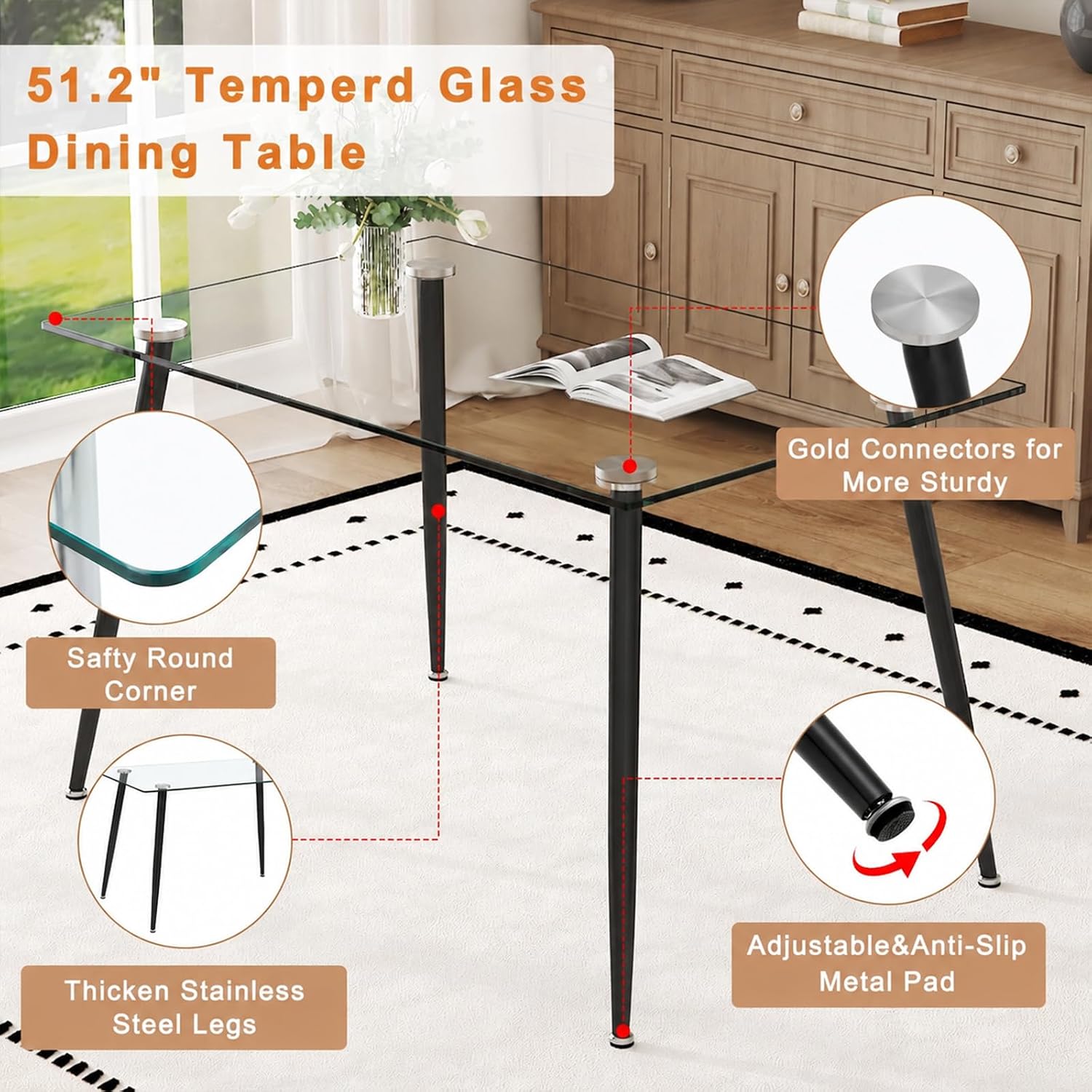 Ebullient Glass Dining Table Set for 4, 51" Clear Tempered Glass Table with Black Metal Legs and 4 Transparent Acrylic Chairs, Compact Modern Kitchen Table Set for Small Space Dining Room