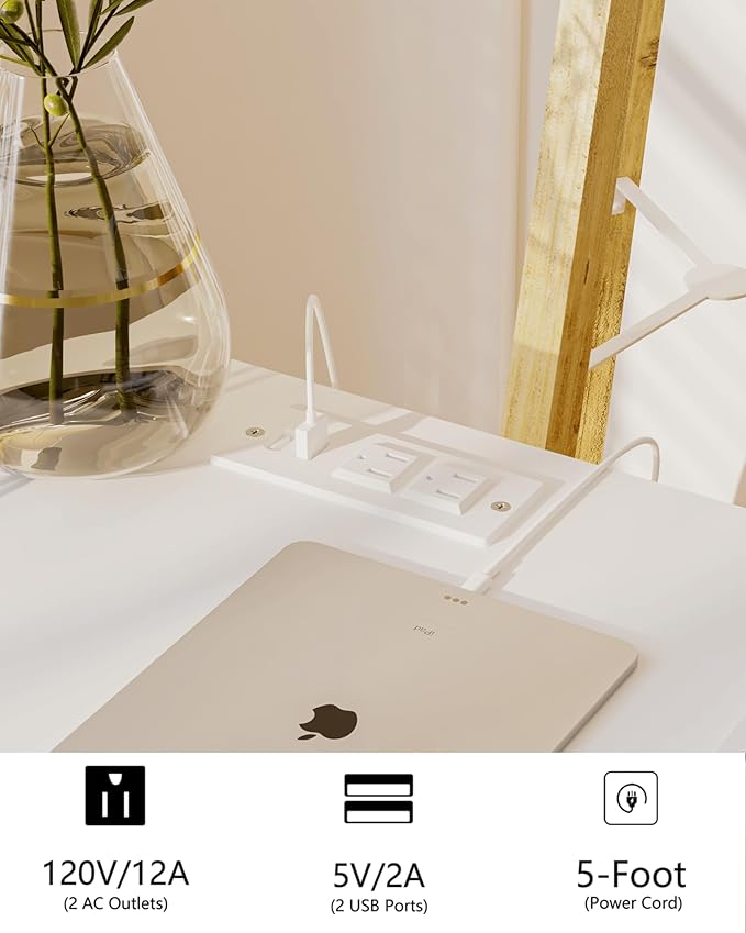 White Nightstand with Outlet,Modern Bedside Table with Storage Drawer and Ope...