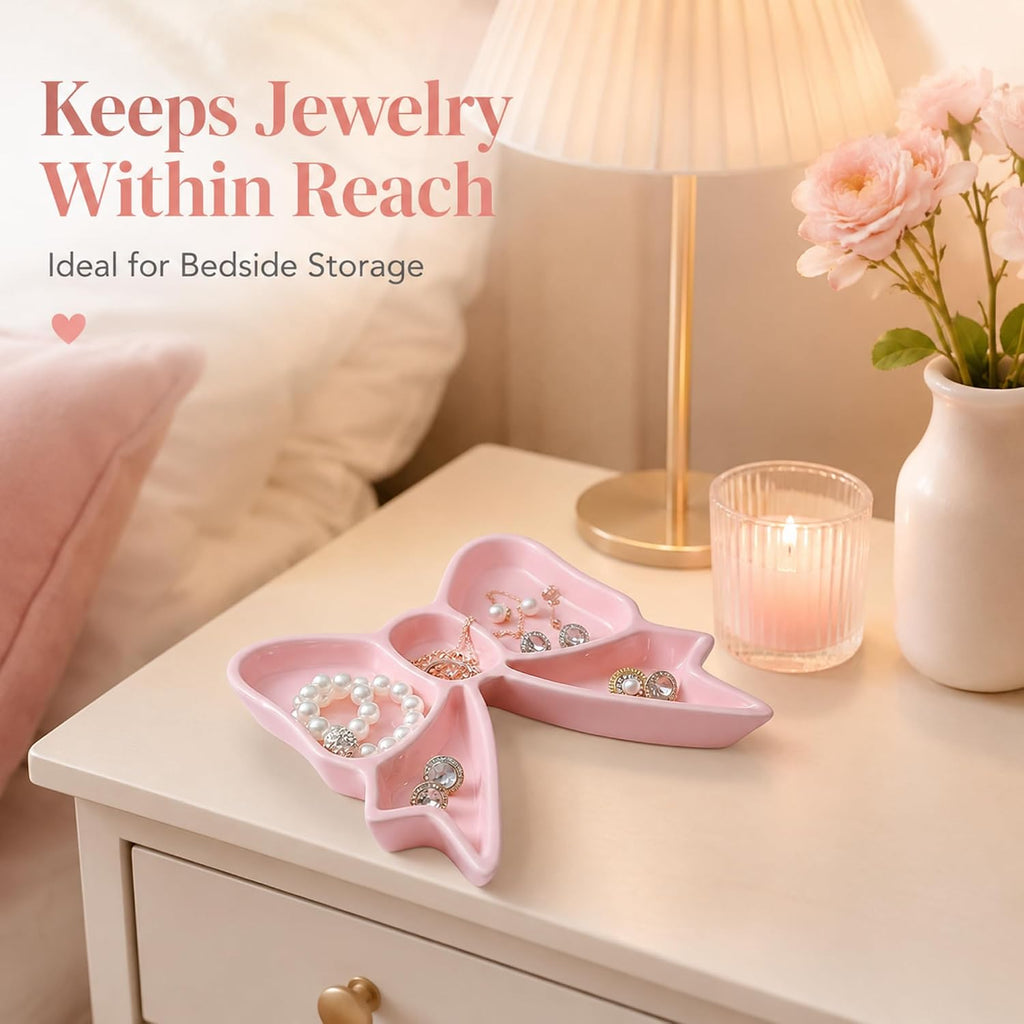 LemonRoad Bow Tray Jewelry Dish Coquette Room Decor Girls Storage Trinket Rings Necklace Earrings Ceramic Bow Organizer Gift