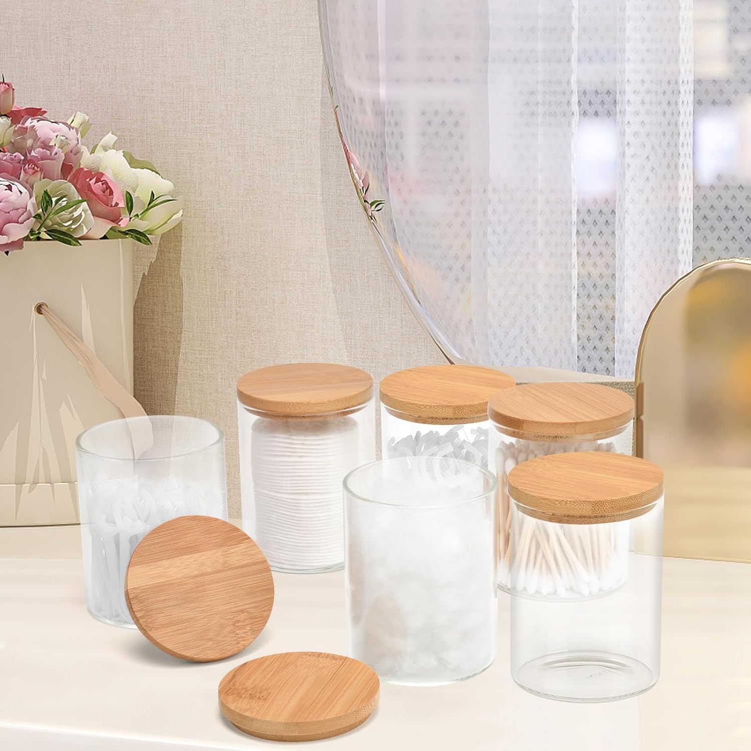 6 Pack Glass Qtip Holder Dispenser Set - Apothecary Jars with Lids for Vanity Makeup Organizer - Bathroom Canister Storage Organizer