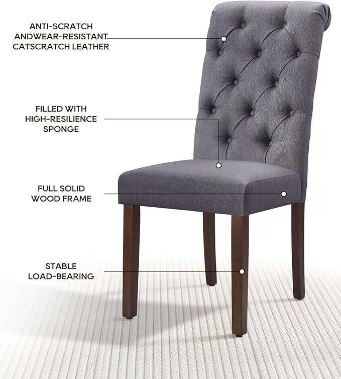 Dining Chairs Set of 4, Button Tufted Parsons Upholstered Chairs with Solid Wood Legs, Mordern Fabric Kitchen Chairs for Dining Room，Grey