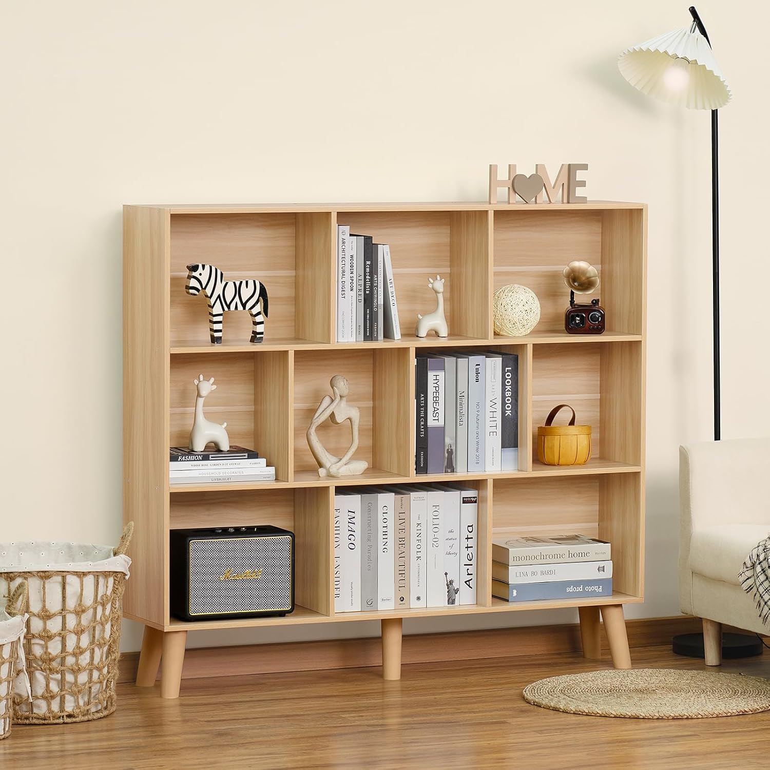 LEYAOYAO 10 Cube Bookshelf,3 Tier Modern Wide Bookcase with Legs,Mid-Century Wood Bookshelves Storage,Natural Large Book Case,Freestanding Organizer Display Shelf for Bedroom,Living Room,Office