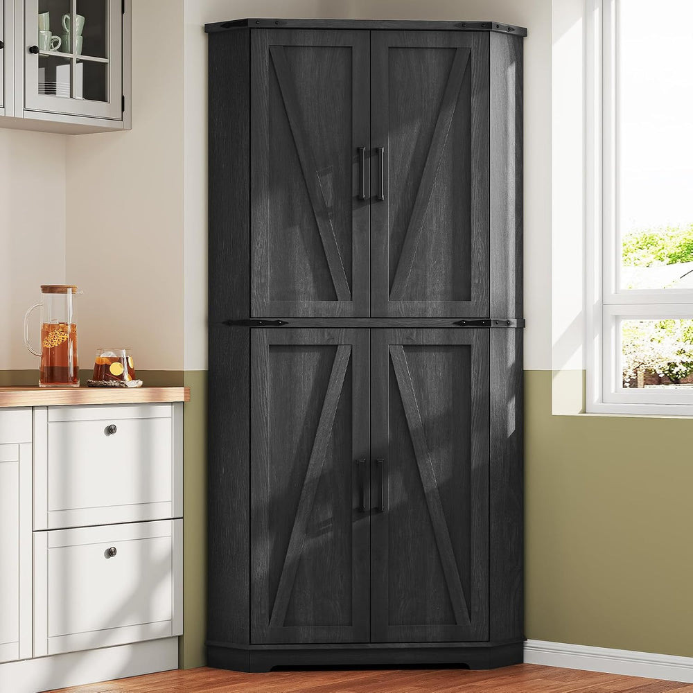 Dripex 71" Black Farmhouse Corner Pantry Cabinet with LED Light, Tall St...