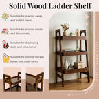 3 Tier Wooden Ladder Shelf, Small Leaning Bookshelf with Open Storage & Raised Guard Rail, Freestanding Display Shelf for Bedroom Living Room Apartment Balcony Small Spaces
