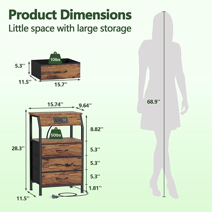 Furnulem Night Stand with Charging Station, USB Ports and Outlets, 28.3 Inch ...