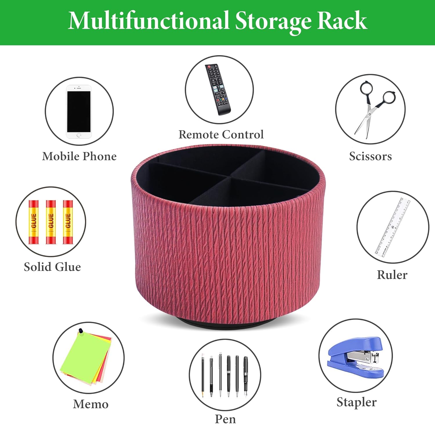 Round Leather Art Supply Organizer,Remote Control Holder,360 Degree Spinning,Multi-Functional Pencil Holder,4 Compartments Desktop Stationary Organizer(1-Wood Red)