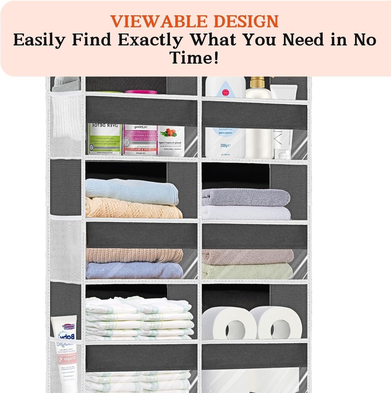 2 Pack Over The Door Organizer 6 Tiers, Extra Large Behind Door Storage of 12 Compartments, 80 lbs Weight Capacity Hanging Storage Organizer with Clear Window Kids Toys,Shoes (6 Tiers - Grey)