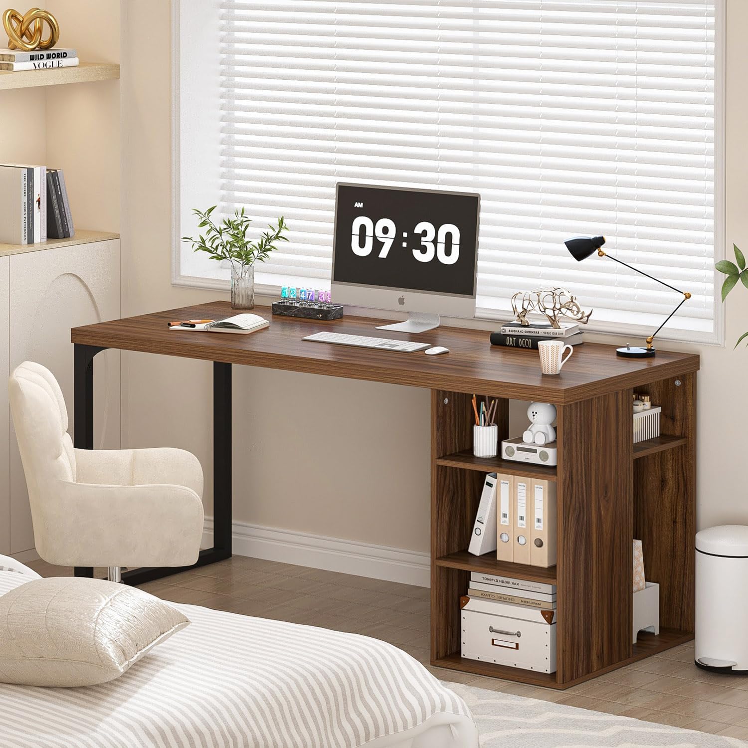 EXCEFUR Home Office Desk with Storage, Modern Computer Desk with Reversible Shelves, Gaming Study Writing Table Workstations for Living Room Bedroom, 53 Inch, Rustic Walnut