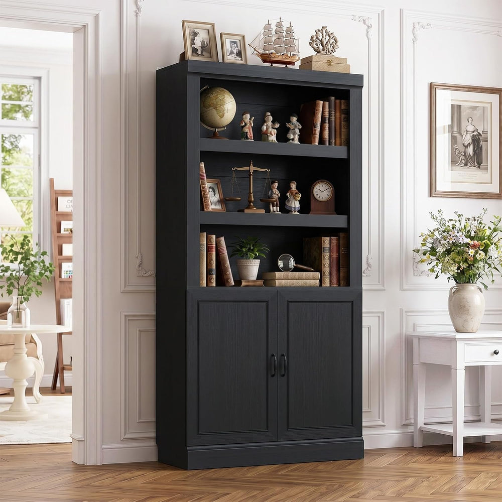 Unikito 71" Tall Bookshelf with Doors and Adjustable Shelves, Black