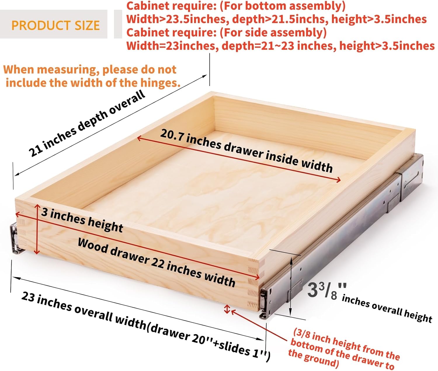 22”W x 21”D x 3”H Soft Close Slide Out Wood Drawer Organizer for Kitchen, Bottom and Side Assembly (Cabinet Opening>23.5 inches for Bottom Assembly, Opening= 23 inches for Side Assembly)