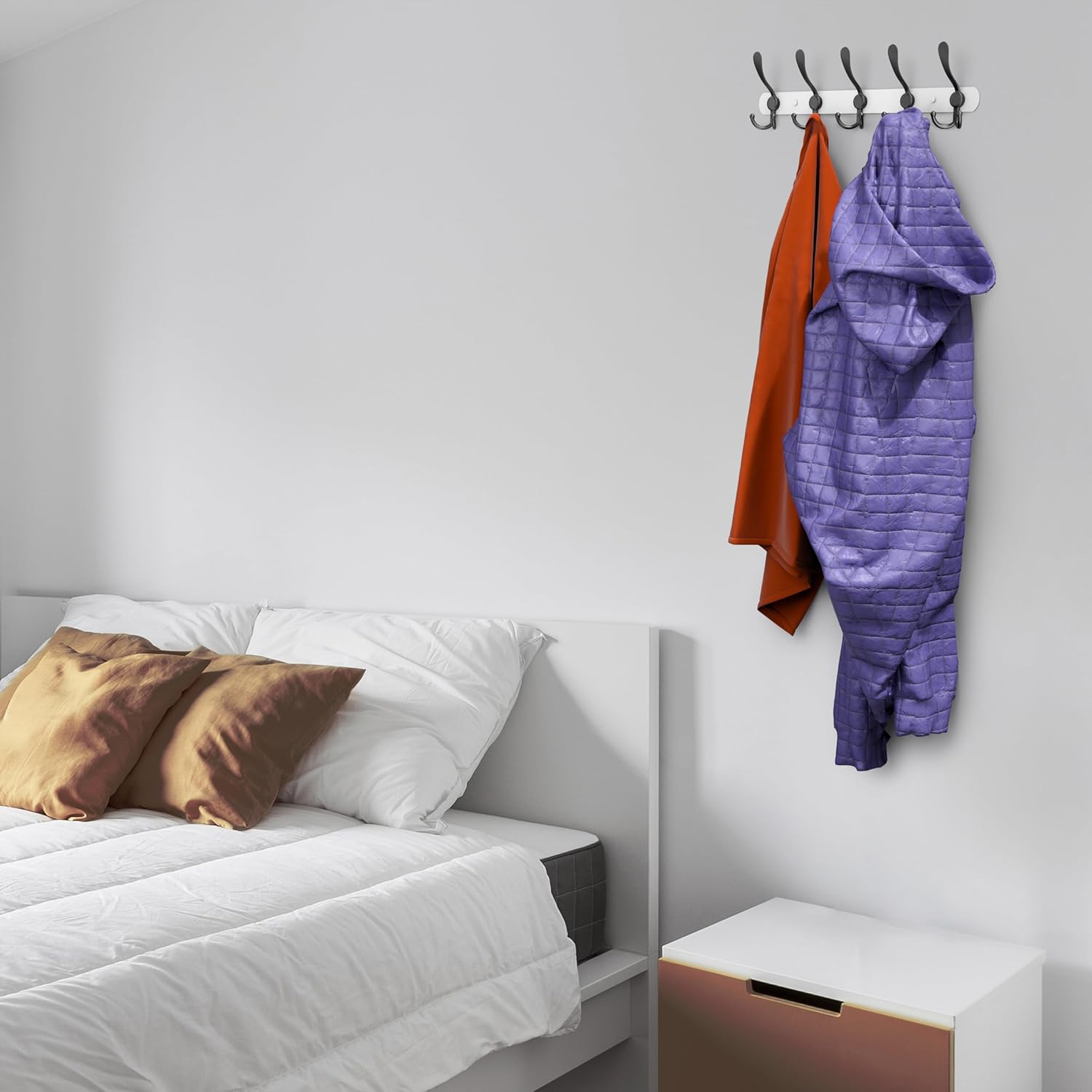 Coat Rack Wall Mount with 5 Tri Hooks, Stainless Steel 16 Inch – White & Black Matte Finish, Heavy Duty Wall Mounted Hook Rack for Coats, Hats, Towels, Scarves, Robes, Bags, Entryway & Bathroom