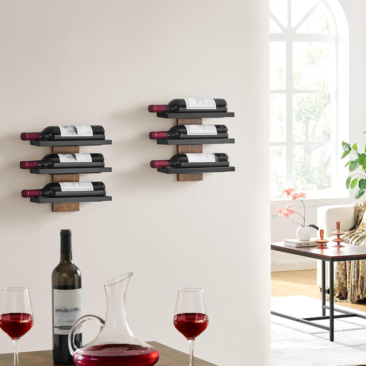 Hoctieon 3-Tier Wall Mount Wine Rack Set (6 Bottles), Wall Mounted Wine Bottle Racks for Display and Storage, Hanging Bottle Holder, for Living Room, Dining Room, Bar, Wine Cellar, Rustic Brown