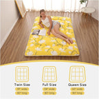 Japanese Floor Mattress, Futon Mattress with Portable Storage Bag and Washable Cover, Roll Up Thick Tatami Mat Suitable for Camping, Guest Room, Yellow Flower, Queen