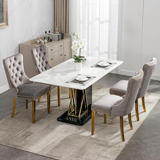 Mid Century Modern Dining Chairs Set of 4, Grey Velvet Upholstered Tufted Back, Kitchen & Dining Room Chairs, Gold Metal Legs, Nailhead Trim, Sillas para Comedor (Gray, 4 Pcs)
