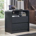 25" Tall Modern Nightstand Set of 2, 23.6'' Wide Wood Bedside Table w/2 Storage Drawers, Charging Station, Mid Century End Table for Bedroom, Living Room,Curved Profile Design, Black