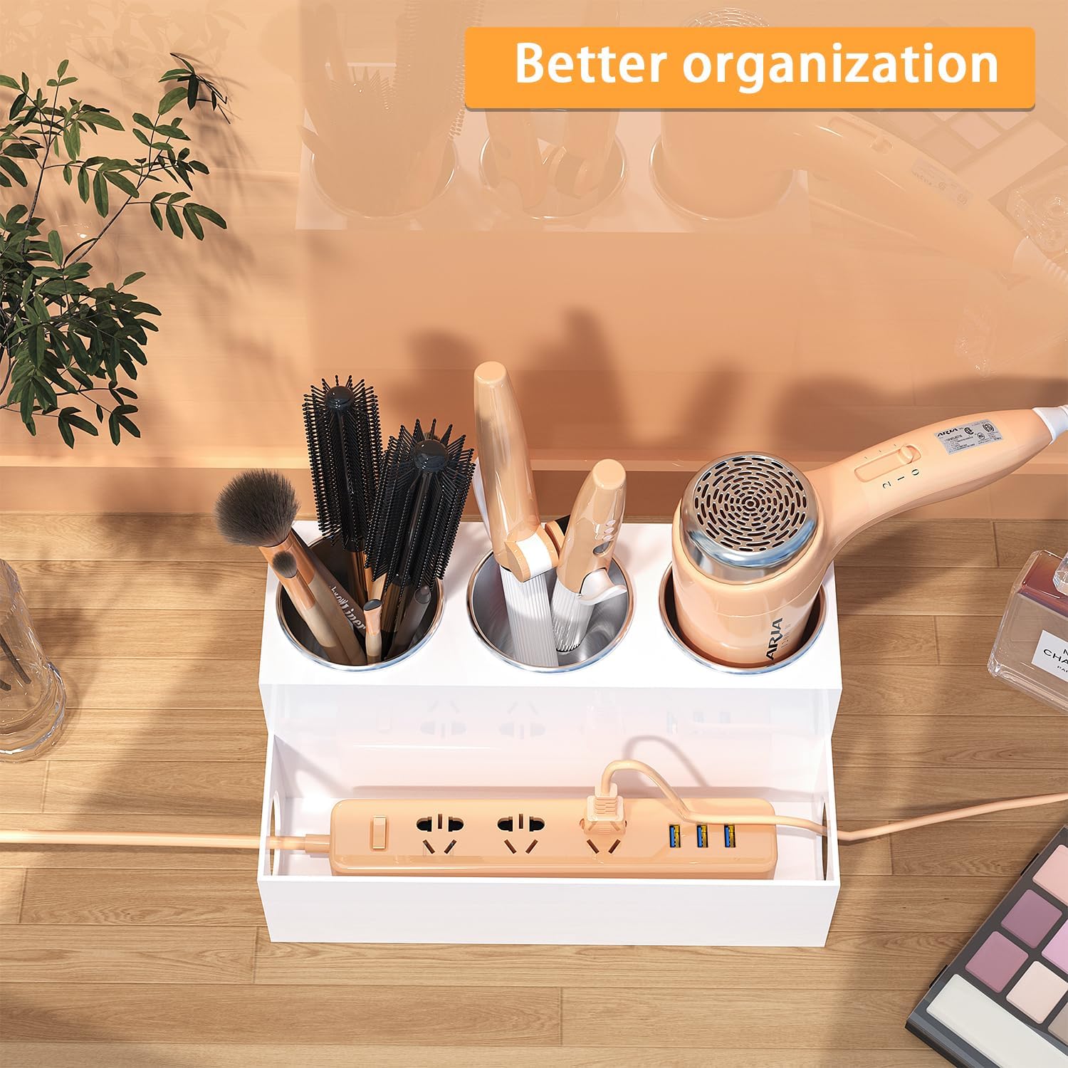 White Hair Tool Organizer Acrylic Hair Dryer and Styling Holder, Bathroom Countertop Blow Dryer Holder, Vanity Caddy Storage Stand for Accessories, Makeup, Toiletries