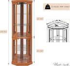 Corner Curio Cabinet, 70" H Lighted Glass Display Cage with Tempered Glass Doors and Adjustable Shelves, Bulb Inclued, Wine Bar China Cabinet for Living Room Liquor Storage (Dark Oak)