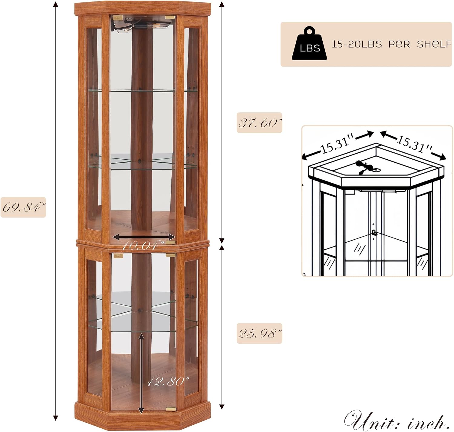 Corner Curio Cabinet, 70" H Lighted Glass Display Cage with Tempered Glass Doors and Adjustable Shelves, Bulb Inclued, Wine Bar China Cabinet for Living Room Liquor Storage (Dark Oak)