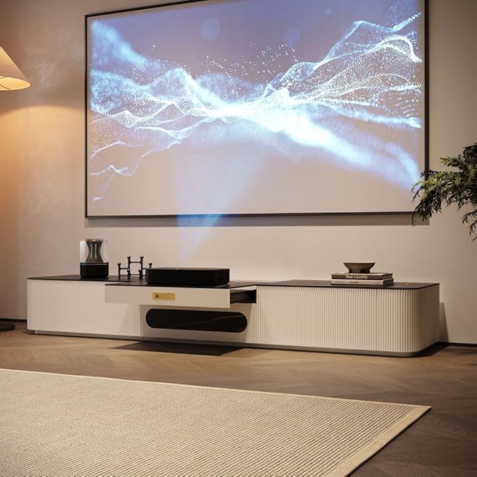 POVISON Fully-Assembled Modern Low Profile TV Stand with Ultra-Short Throw Projector Platform, Sintered Stone Entertainment Center with Storage, Wood TV Console, Media Console for Living Room