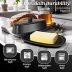 Flexzion Ceramic Black European Butter Dish with Lid for Countertop (7 Inch) - 1 Stick Butter Holder for Counter, Cream Cheese Container Storage Keeper