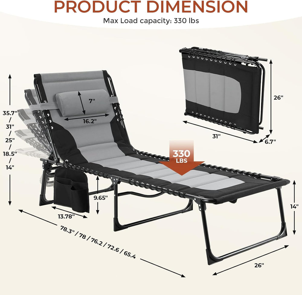 TLSUNNY Padded Folding Lounge Chair, Portable Reclining Chair with Pillow &am...