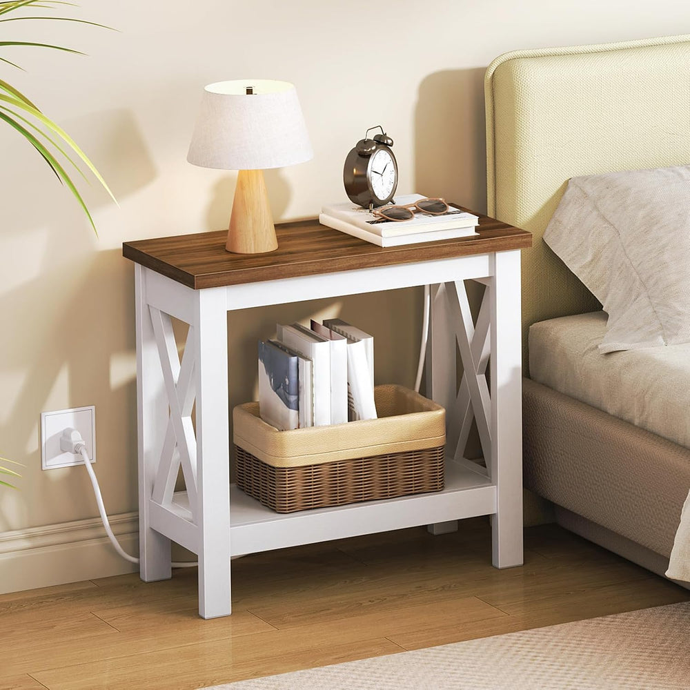 HOOBRO End Table with Charging Station, Farmhouse Narrow Side Table, 2-Tier w...
