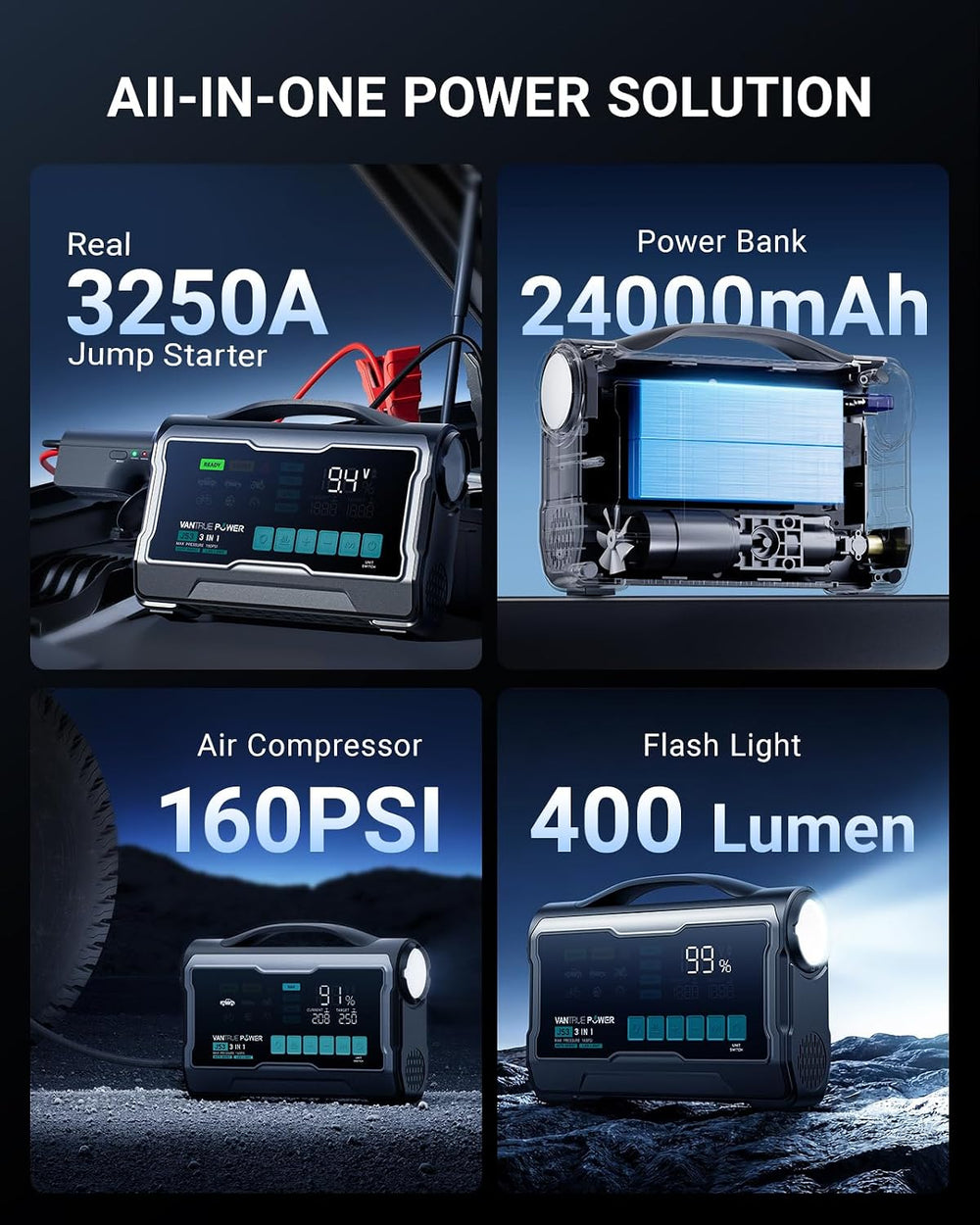 VANTRUE POWER JS3 Real 3250A Jump Starter with Air Compressor 160PSI