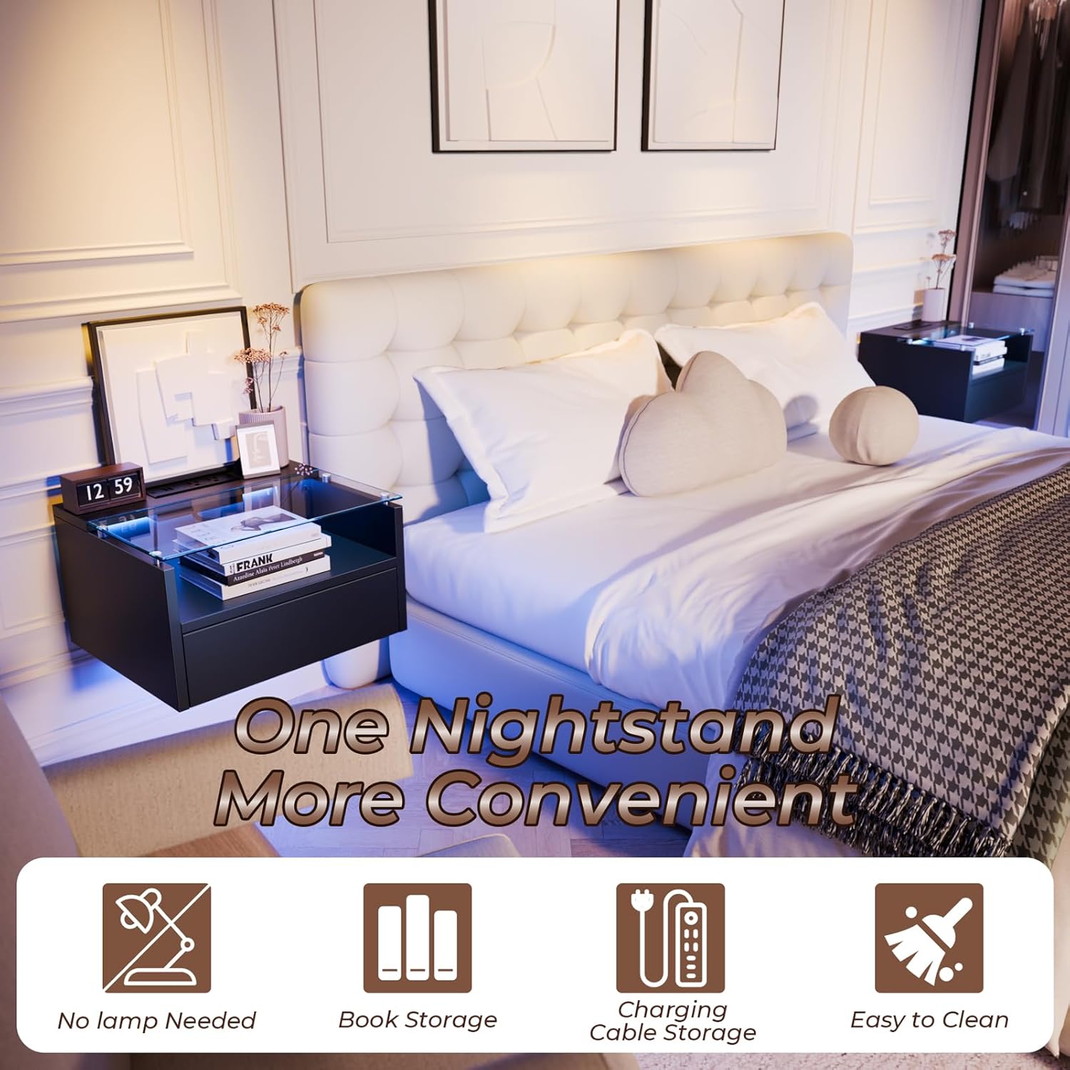 Loomie Black Floating Nightstands Set of 2, 18.9” Bedside Table w/Charging Station and LED Light, Floating Shelf with Drawer, Wall Mounted Night Stand for Bedroom, Entryway Wall.