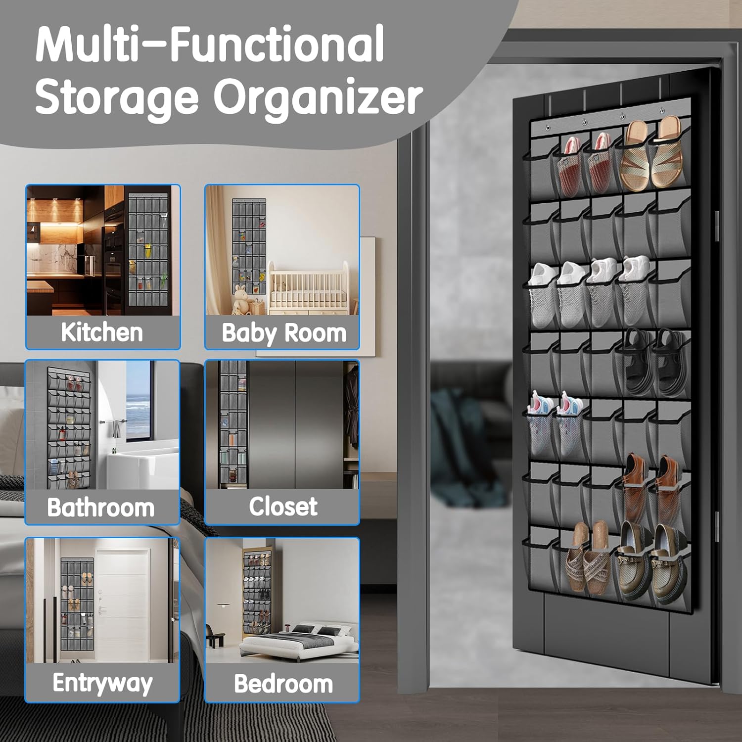 35 Compartment Over The Door Storage - Breathable Mesh Hanging Organizer with Large Pockets, Space Saving Design for Men & Women's Footwear, Closet, Bedroom (Gray)