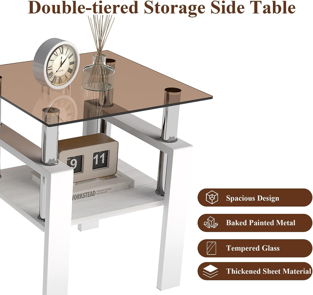 Set of 2 Glass End Table, 2-Layer Glass Living Room Table, Modern Tea Table S...