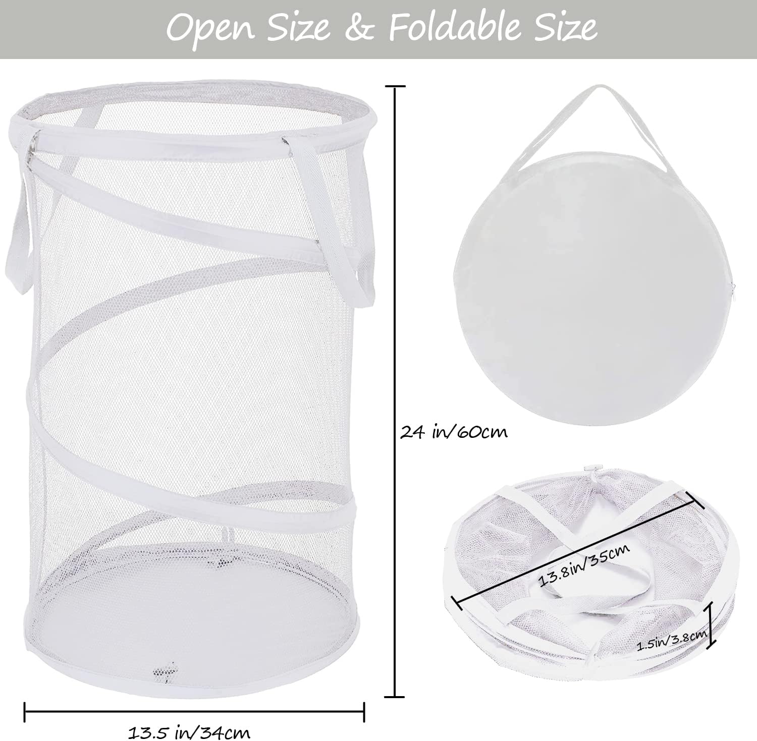 BATTOO Large Collapsible Laundry Basket Foldable Mesh Pop Up Hamper with Handles for Laundry Room, Bathroom, Kids Room, College Dorm, Travel, Storage Organizer White