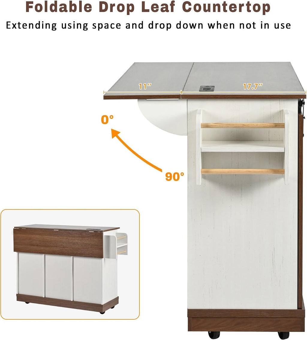 Ball & Cast Farmhouse Kitchen Island with Drop Leaf & Barn Door,Rolling Kitchen Cart on Wheels with Power Outlet,3 Large Drawers,Adjustable Shelf & Spice Rack,for Home,Kitchen,Dining Room,White,56"