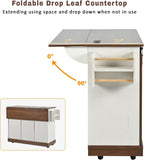 Ball & Cast Farmhouse Kitchen Island with Drop Leaf & Barn Door,Rolling Kitchen Cart on Wheels with Power Outlet,3 Large Drawers,Adjustable Shelf & Spice Rack,for Home,Kitchen,Dining Room,White,56"