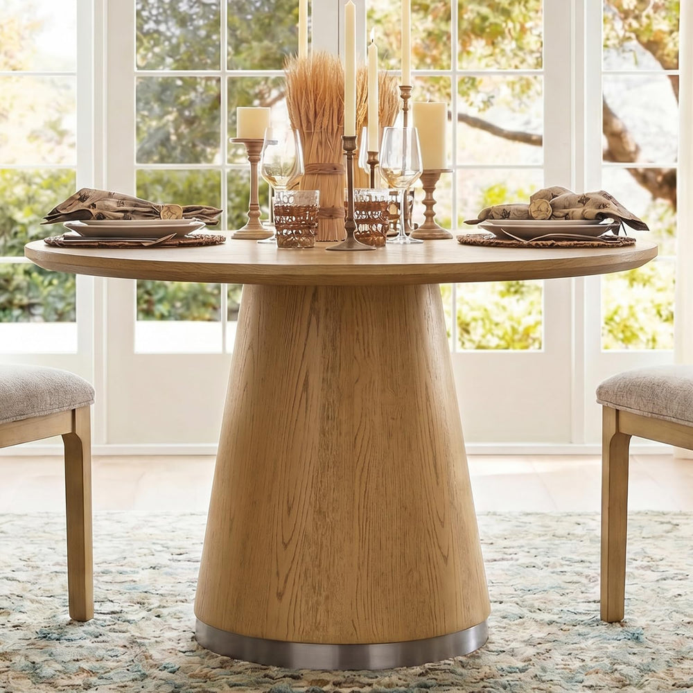 WAMPAT 43-Inch Pedestal Round Dining Table for 2-4, Oak Brown Wood Grain | Mi...