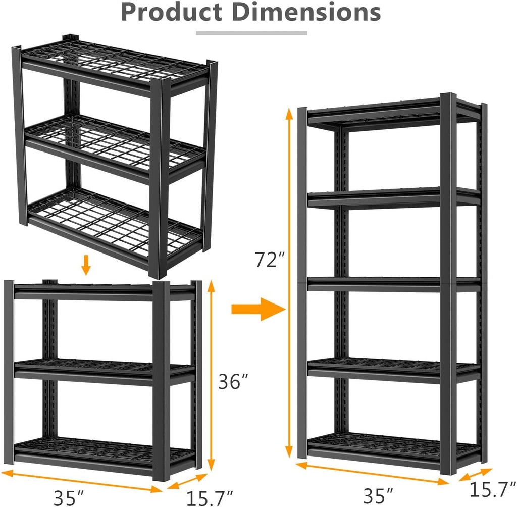 Heavy Duty Storage Shelving Unit (72" H x 35" W x 16" D) | Adjustable 5-Tier Metal Rack, Standing Utility Shelves, Garage, Basement, Pantry, Kitchen, Warehouse, 3000 lbs Capacity