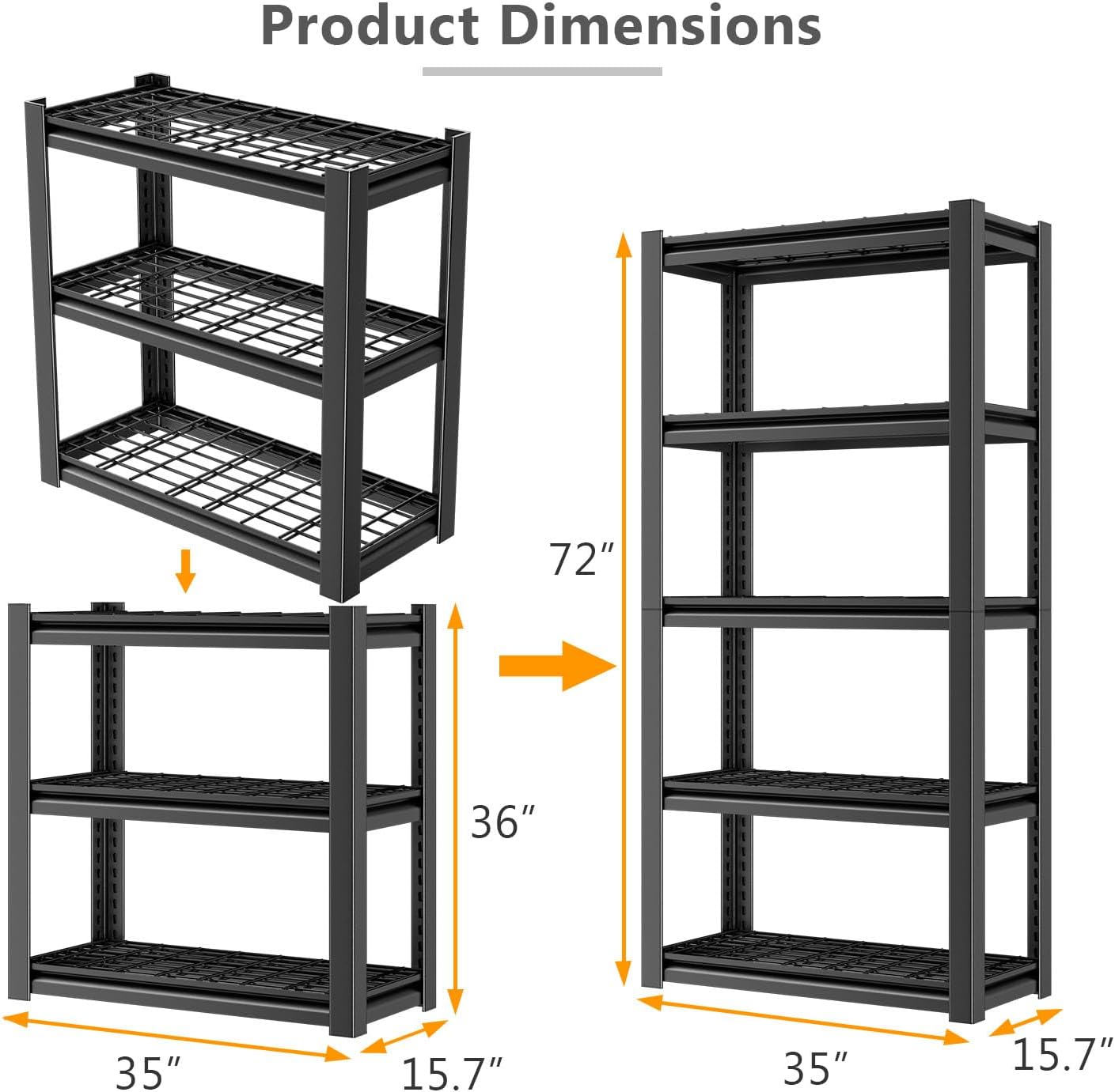 Heavy Duty Storage Shelving Unit (72" H x 35" W x 16" D) | Adjustable 5-Tier Metal Rack, Standing Utility Shelves, Garage, Basement, Pantry, Kitchen, Warehouse, 3000 lbs Capacity