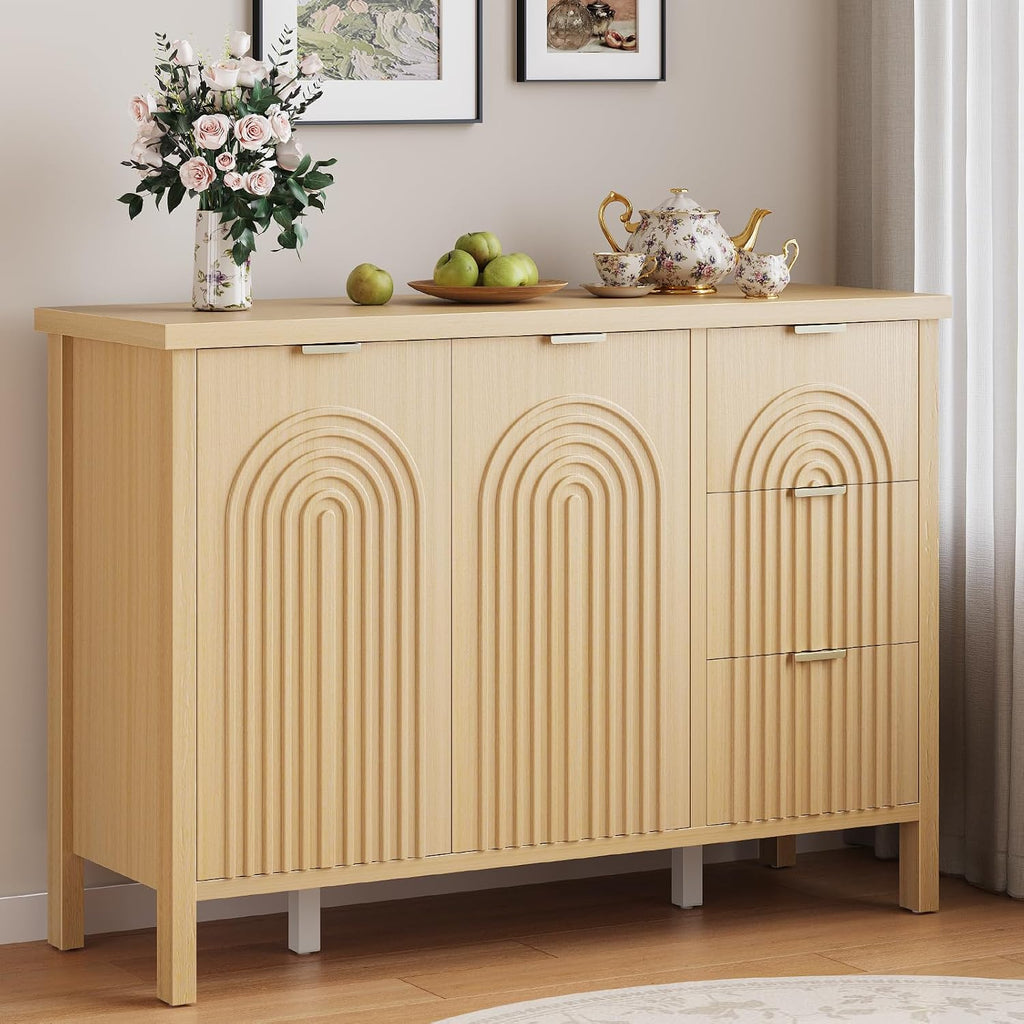 Sideboard Buffet Cabinet with Storage - Fluted Accent Coffee Bar Cabinets Kitchen Credenza with Drawers & Doors, Wood Console Side Board with Adjustable Shelf for Living Room Entryway,Natural