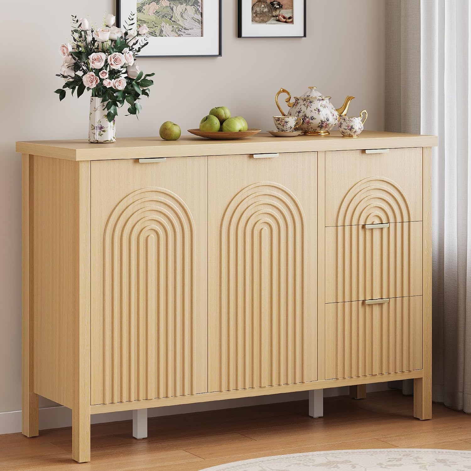 Sideboard Buffet Cabinet with Storage - Fluted Accent Coffee Bar Cabinets Kitchen Credenza with Drawers & Doors, Wood Console Side Board with Adjustable Shelf for Living Room Entryway,Natural