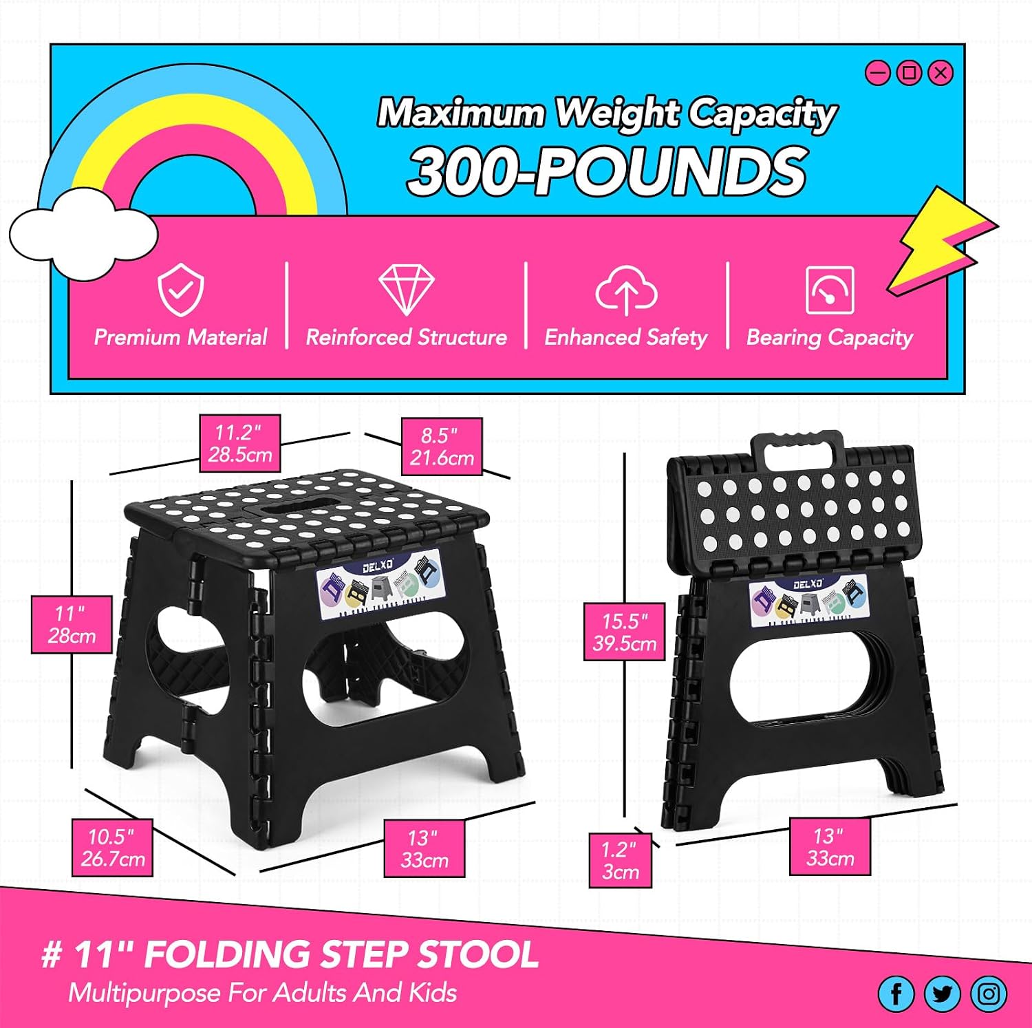 Delxo 17.5 Inch + 11 Inch Folding Step Stool, Foldable Stool for Adults,Premium Portable Collapsible Plastic Step Stool,Non Slip Folding Stools for Kitchen Bathroom Bedroom (Blue + Black)
